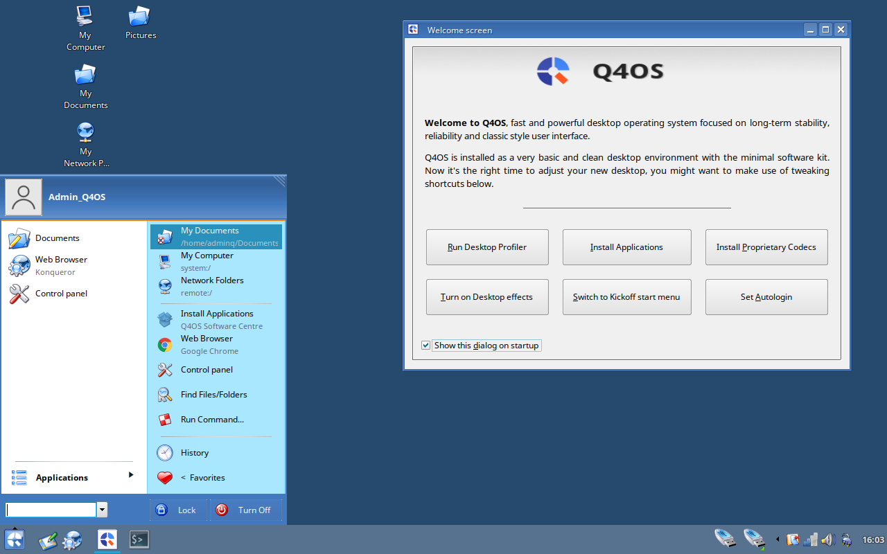 A screenshot of Q4OS 3.8 that resembles Windows XP